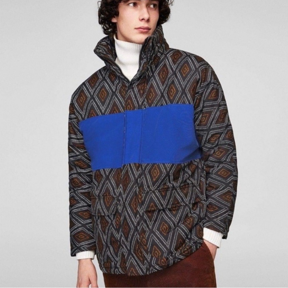New Zara $129 Men’s Aztec Print Puffer Parka Jacket Coat Medium 6096/381